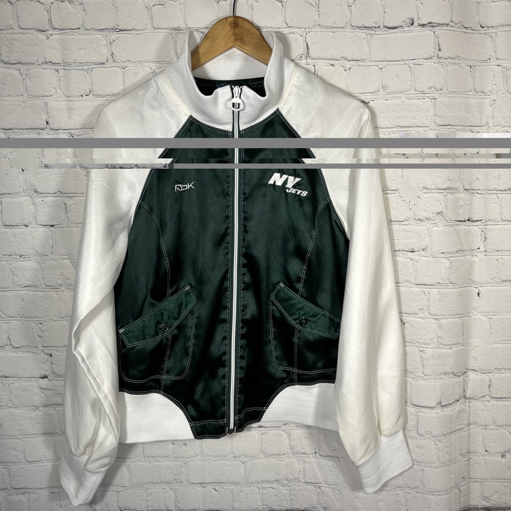 Vintage Reebok NFL Women's New York Jets Satin Bomber Jacket Large Green